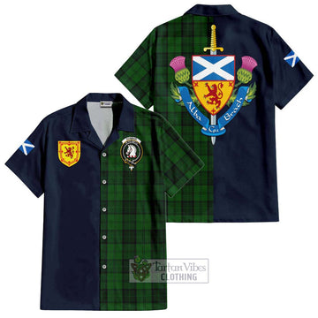 Dunbar Hunting Tartan Short Sleeve Button Shirt Alba with Scottish Lion Royal Arm Half Style