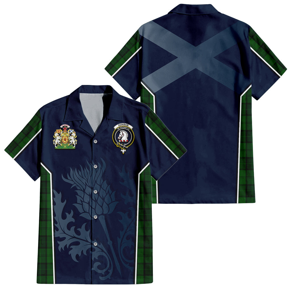 Tartan Vibes Clothing Dunbar Hunting Tartan Short Sleeve Button Up Shirt with Family Crest and Scottish Thistle Vibes Sport Style