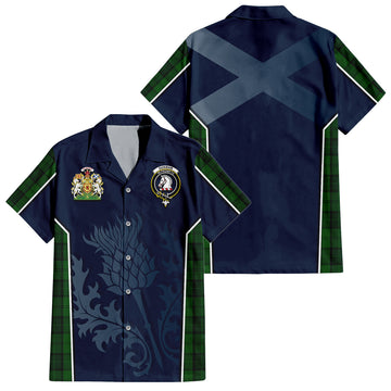 Dunbar Hunting Tartan Short Sleeve Button Up Shirt with Family Crest and Scottish Thistle Vibes Sport Style