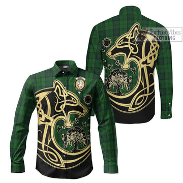 Dunbar Hunting Tartan Long Sleeve Button Shirt with Family Crest Celtic Wolf Style