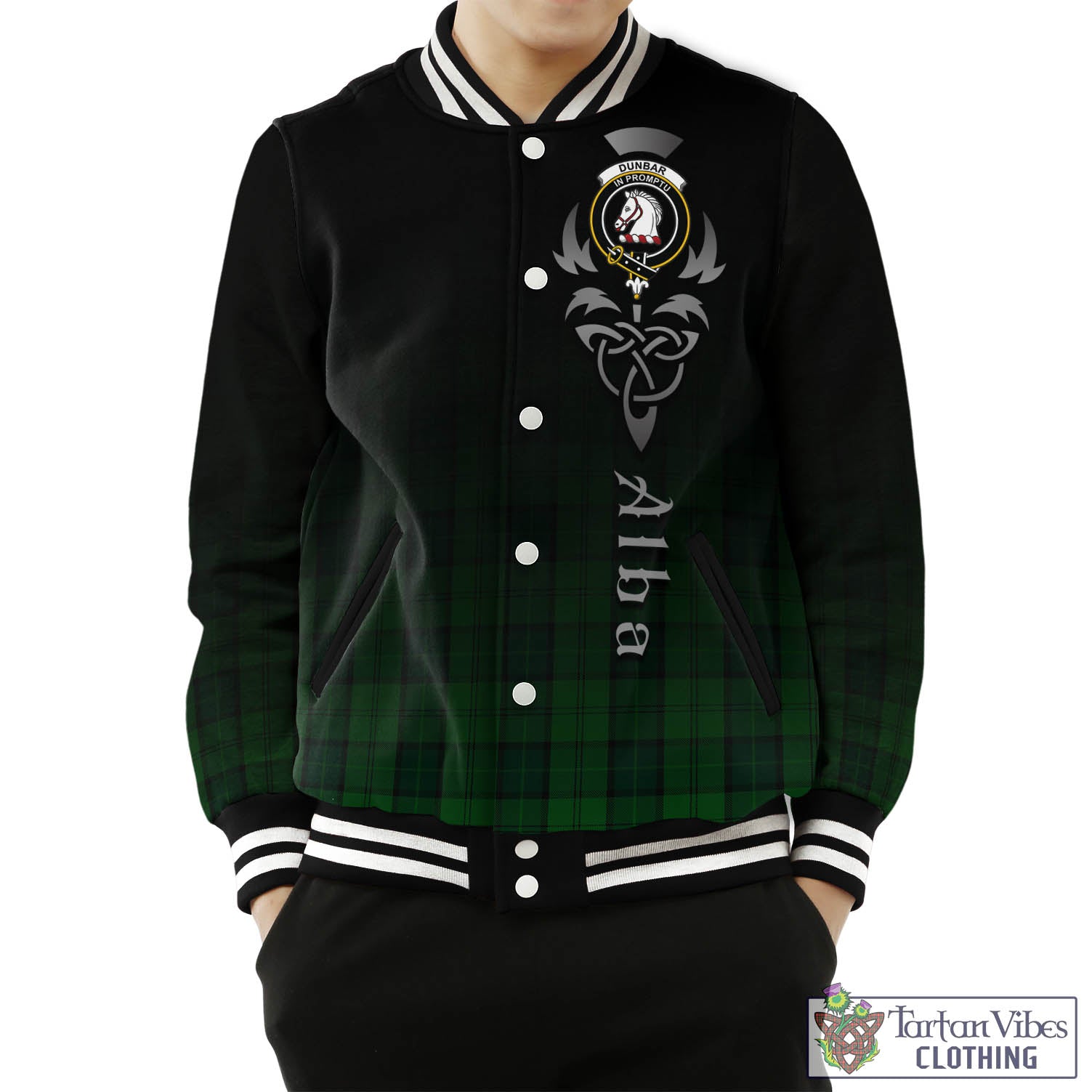 Tartan Vibes Clothing Dunbar Hunting Tartan Baseball Jacket Featuring Alba Gu Brath Family Crest Celtic Inspired