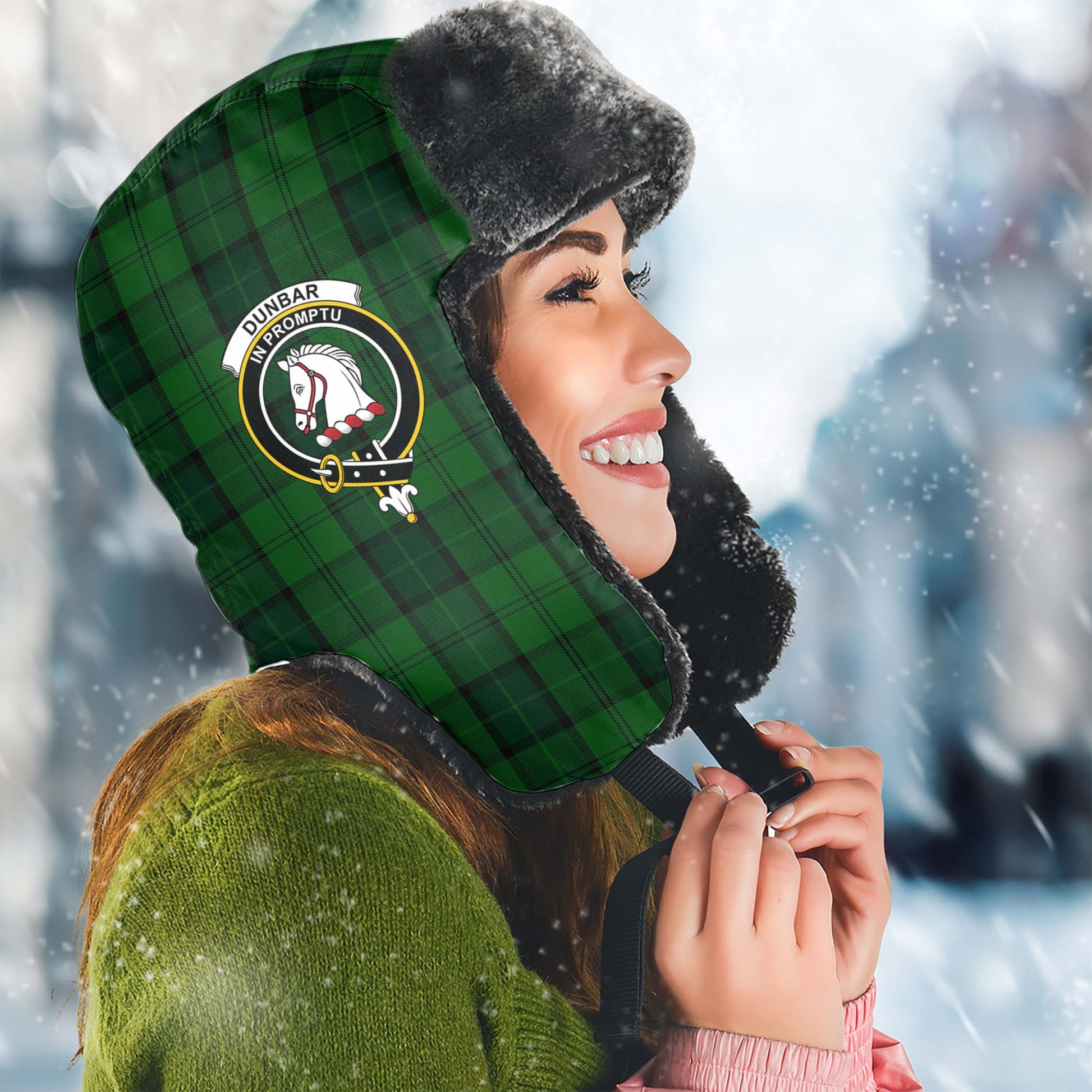 Dunbar Hunting Tartan Winter Trapper Hat with Family Crest Winter Trapper Hat Universal Fit Circumference 22.8in (58cm) - Tartanvibesclothing