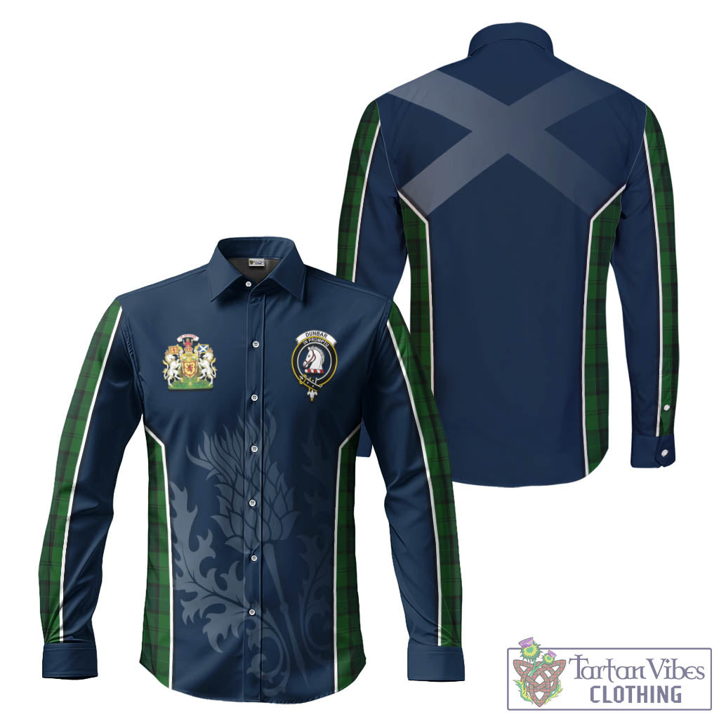 Tartan Vibes Clothing Dunbar Hunting Tartan Long Sleeve Button Up Shirt with Family Crest and Scottish Thistle Vibes Sport Style