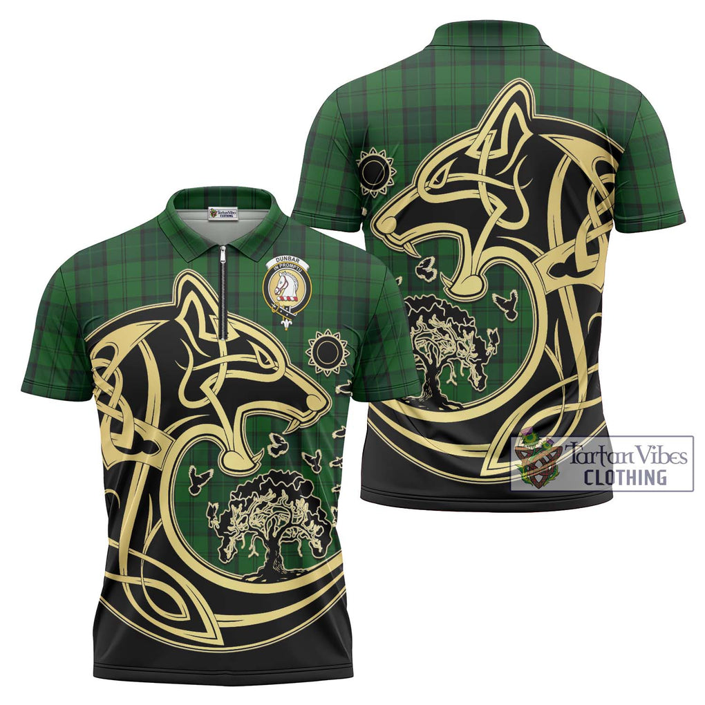 Dunbar Hunting Tartan Zipper Polo Shirt with Family Crest Celtic Wolf Style Unisex - Tartanvibesclothing Shop