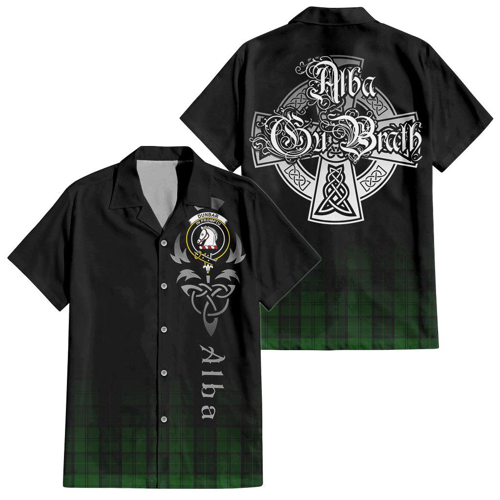 Tartan Vibes Clothing Dunbar Hunting Tartan Short Sleeve Button Up Featuring Alba Gu Brath Family Crest Celtic Inspired