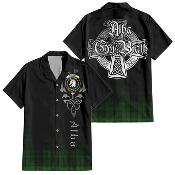 Dunbar Hunting Tartan Short Sleeve Button Up Shirt Featuring Alba Gu Brath Family Crest Celtic Inspired