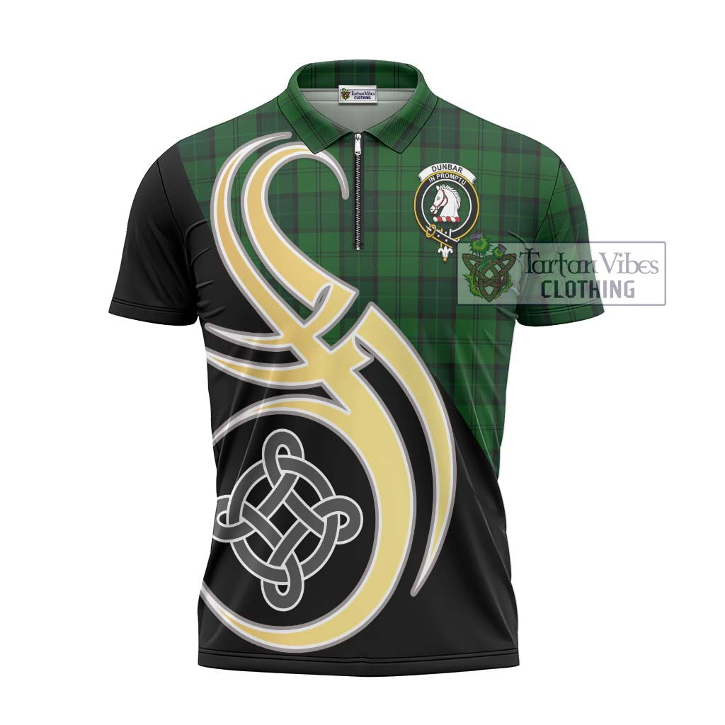 Tartan Vibes Clothing Dunbar Hunting Tartan Zipper Polo Shirt with Family Crest and Celtic Symbol Style