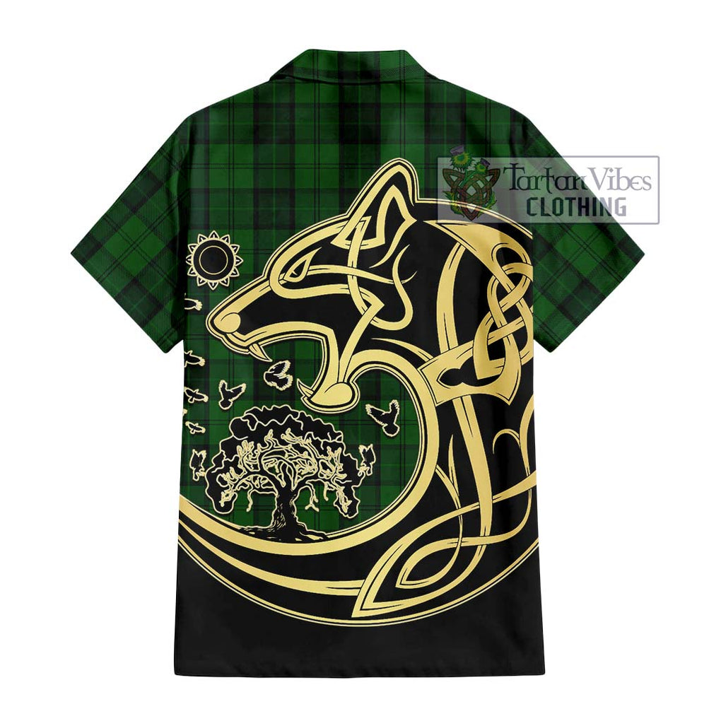 Dunbar Hunting Tartan Short Sleeve Button Shirt with Family Crest Celtic Wolf Style - Tartan Vibes Clothing