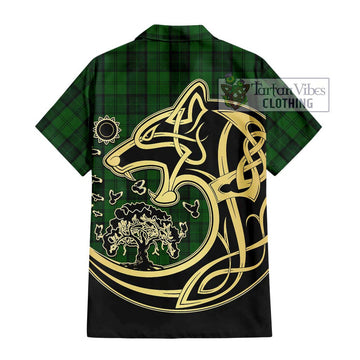 Dunbar Hunting Tartan Short Sleeve Button Shirt with Family Crest Celtic Wolf Style