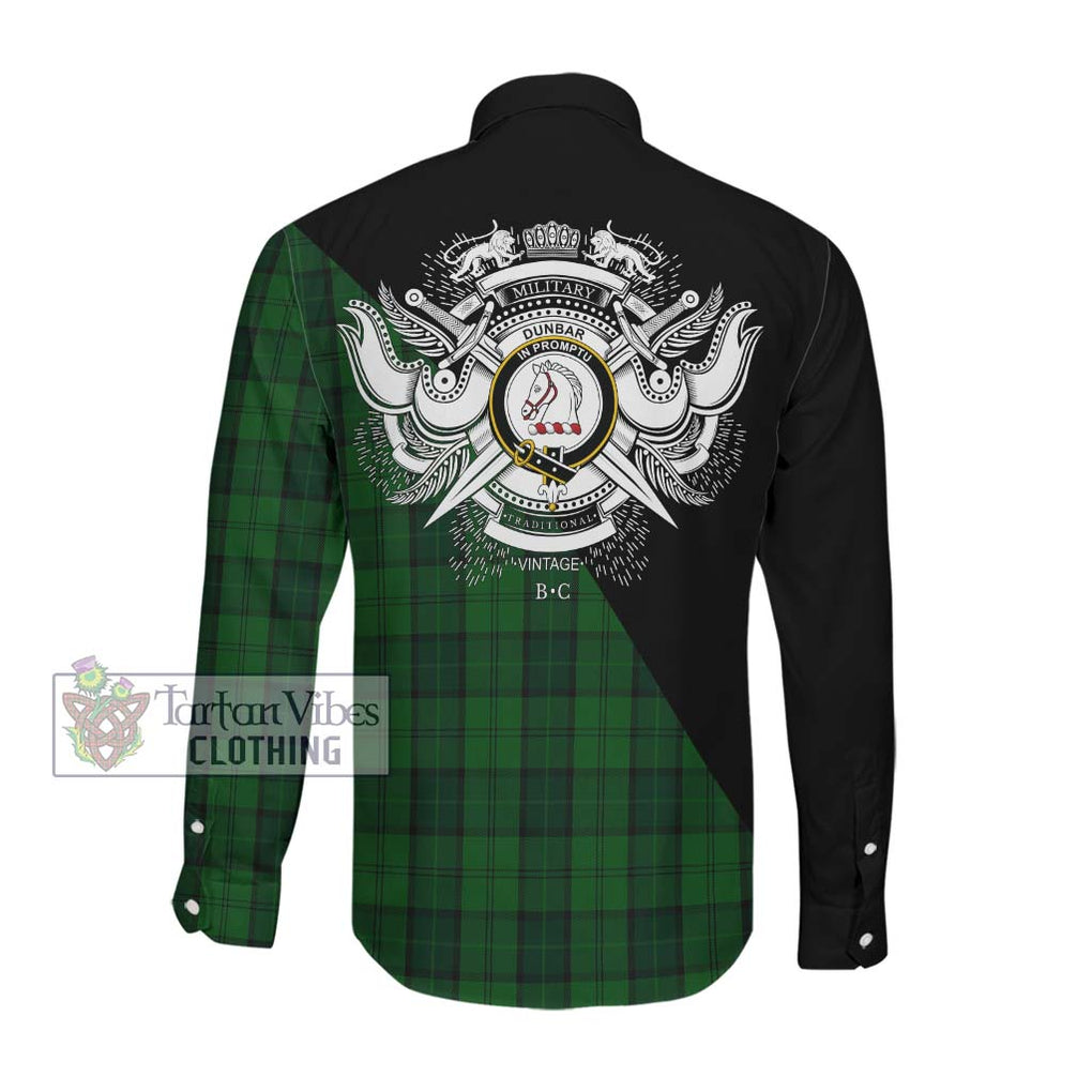 Dunbar Hunting Tartan Long Sleeve Button Shirt with Family Crest and Military Logo Style Men's Shirt - Tartanvibesclothing Shop