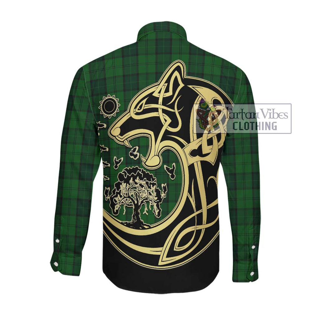 Dunbar Hunting Tartan Long Sleeve Button Shirt with Family Crest Celtic Wolf Style Men's Shirt - Tartan Vibes Clothing