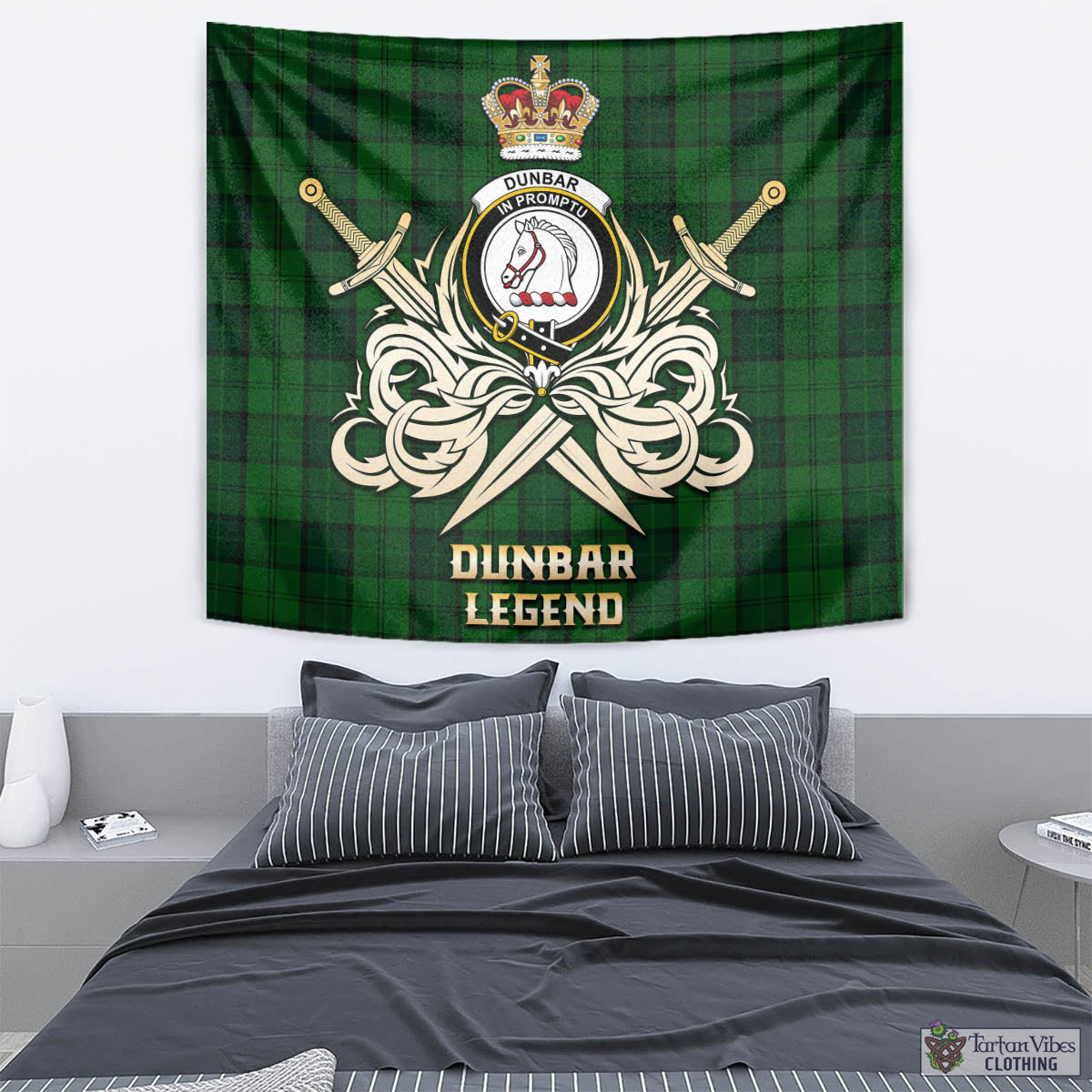 Tartan Vibes Clothing Dunbar Hunting Tartan Tapestry with Clan Crest and the Golden Sword of Courageous Legacy