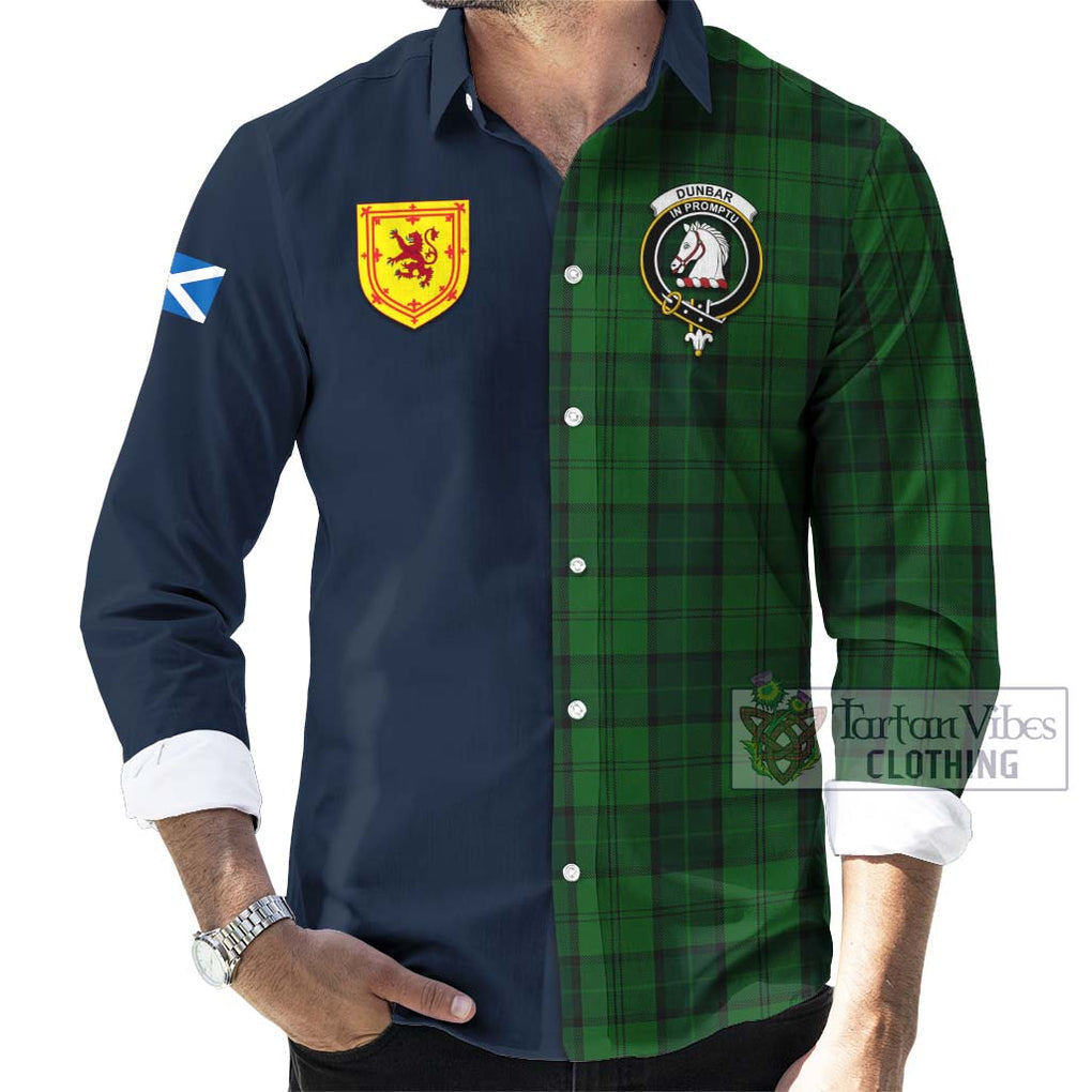 Tartan Vibes Clothing Dunbar Hunting Tartan Long Sleeve Button Shirt with Scottish Lion Royal Arm Half Style