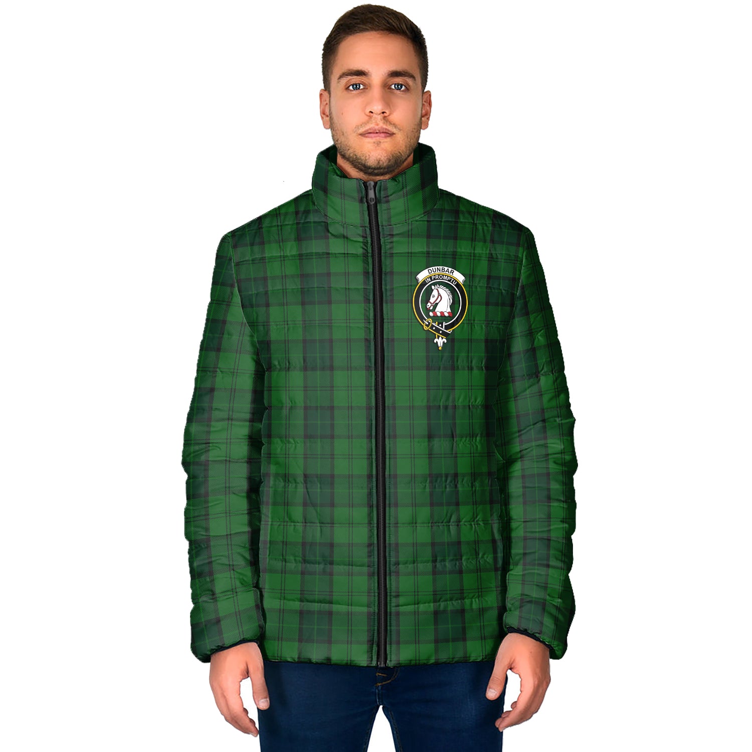 Dunbar Hunting Tartan Padded Jacket with Family Crest - Tartan Vibes Clothing