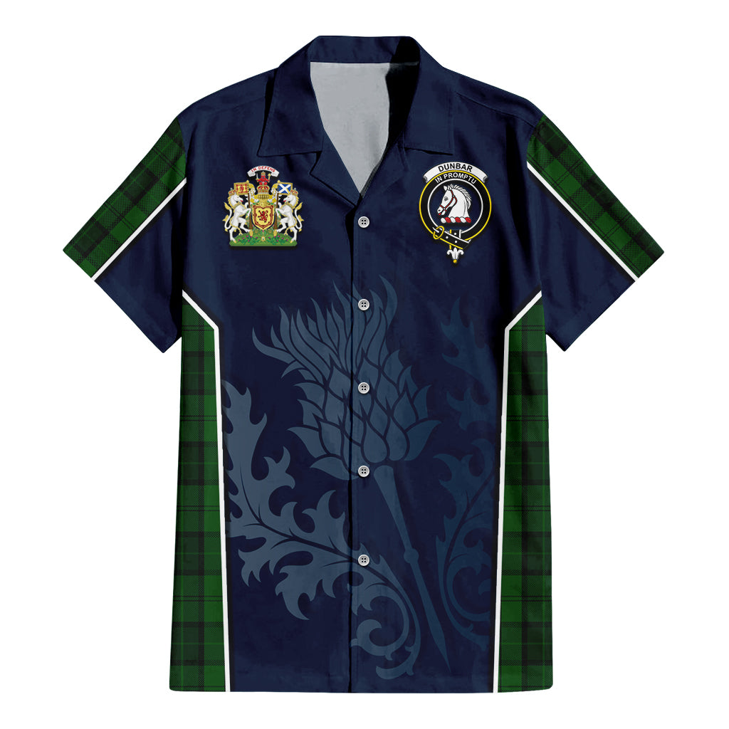 Tartan Vibes Clothing Dunbar Hunting Tartan Short Sleeve Button Up Shirt with Family Crest and Scottish Thistle Vibes Sport Style