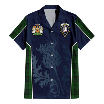 Dunbar Hunting Tartan Short Sleeve Button Up Shirt with Family Crest and Scottish Thistle Vibes Sport Style