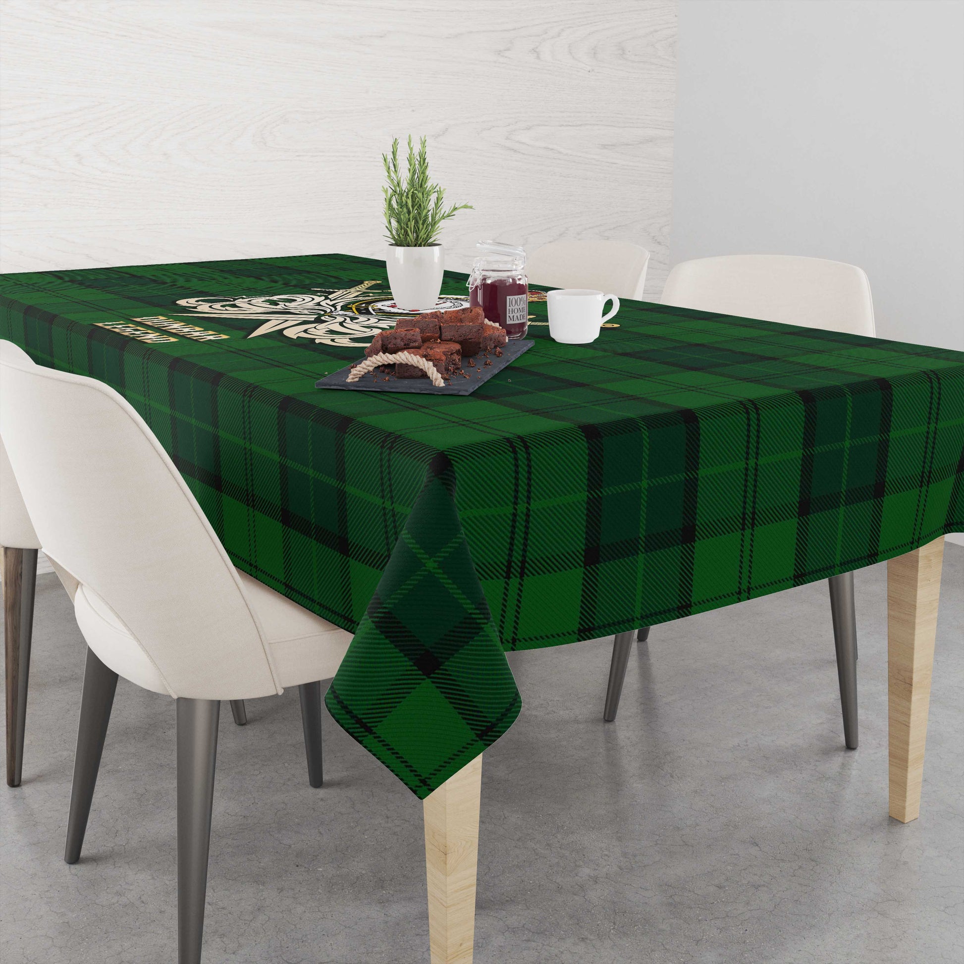 Tartan Vibes Clothing Dunbar Hunting Tartan Tablecloth with Clan Crest and the Golden Sword of Courageous Legacy