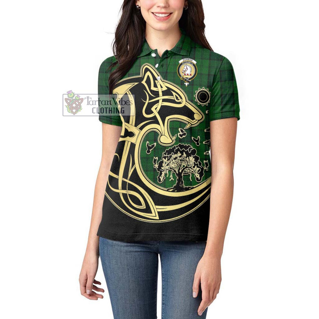 Dunbar Hunting Tartan Women's Polo Shirt with Family Crest Celtic Wolf Style - Tartanvibesclothing Shop