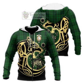 Dunbar Hunting Tartan Knitted Hoodie with Family Crest Celtic Wolf Style