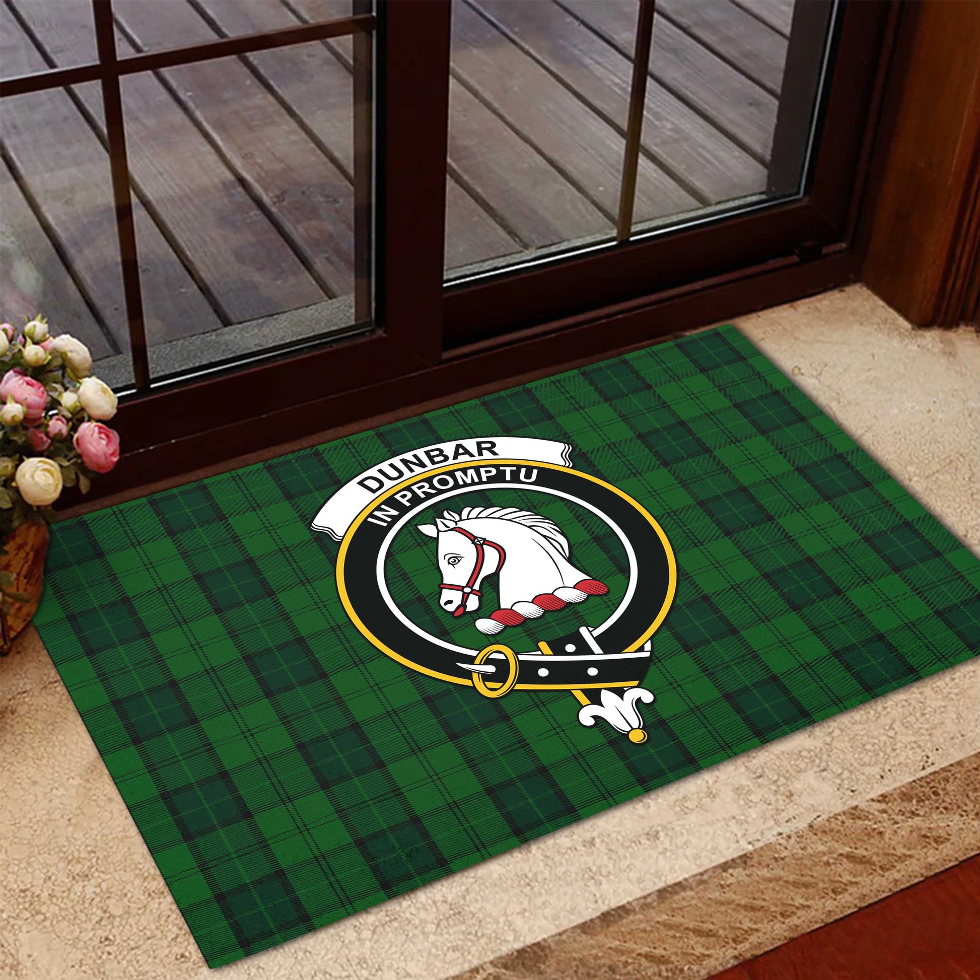 Dunbar Hunting Tartan Door Mat with Family Crest - Tartanvibesclothing