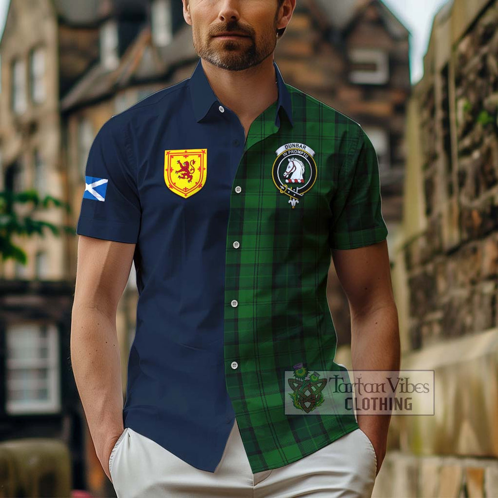 Tartan Vibes Clothing Dunbar Hunting Tartan Short Sleeve Button Shirt with Scottish Lion Royal Arm Half Style