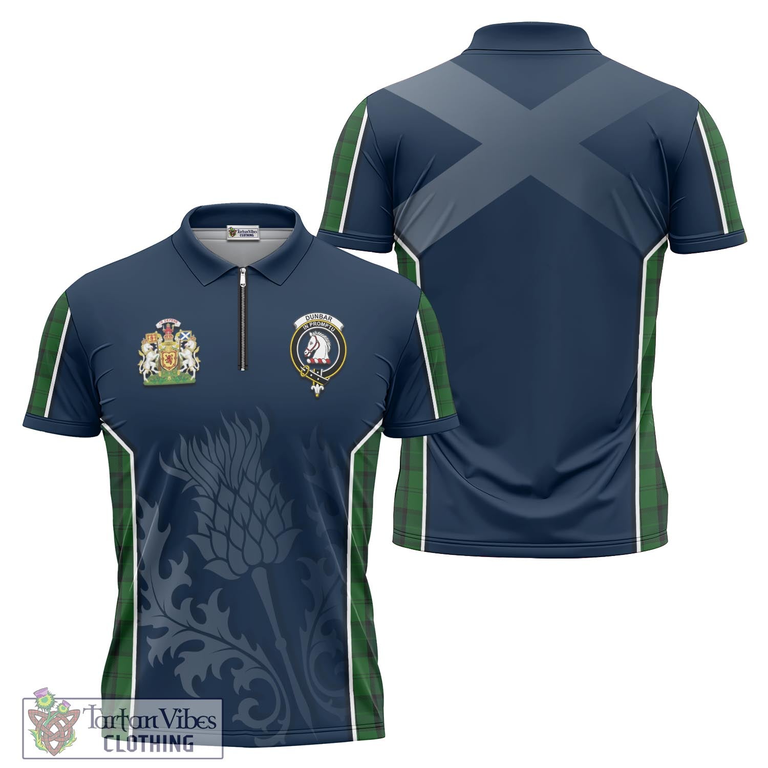 Tartan Vibes Clothing Dunbar Hunting Tartan Zipper Polo Shirt with Family Crest and Scottish Thistle Vibes Sport Style