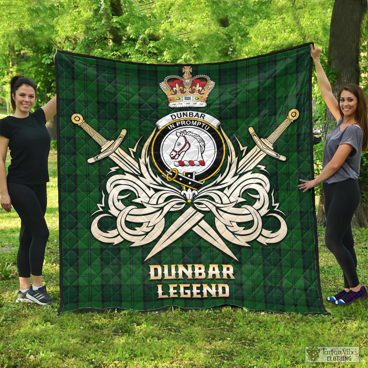 Tartan Vibes Clothing Dunbar Hunting Tartan Quilt with Clan Crest and the Golden Sword of Courageous Legacy