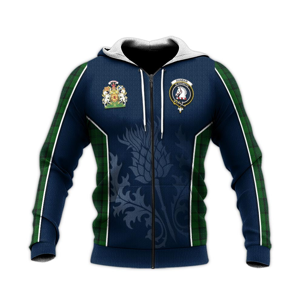 Tartan Vibes Clothing Dunbar Hunting Tartan Knitted Hoodie with Family Crest and Scottish Thistle Vibes Sport Style