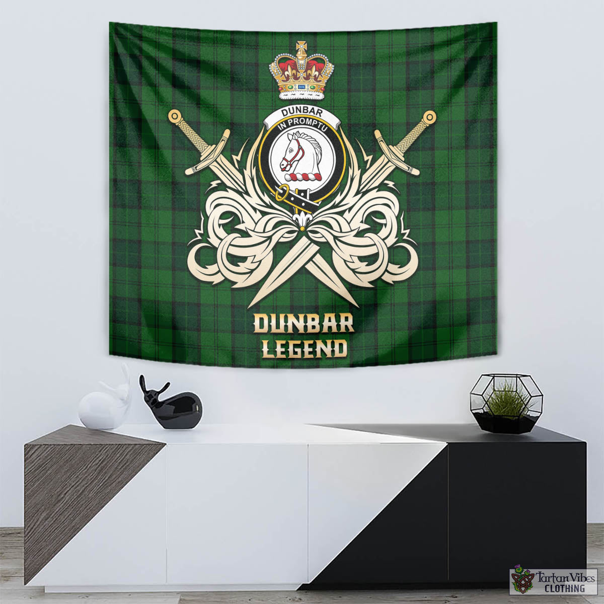 Tartan Vibes Clothing Dunbar Hunting Tartan Tapestry with Clan Crest and the Golden Sword of Courageous Legacy