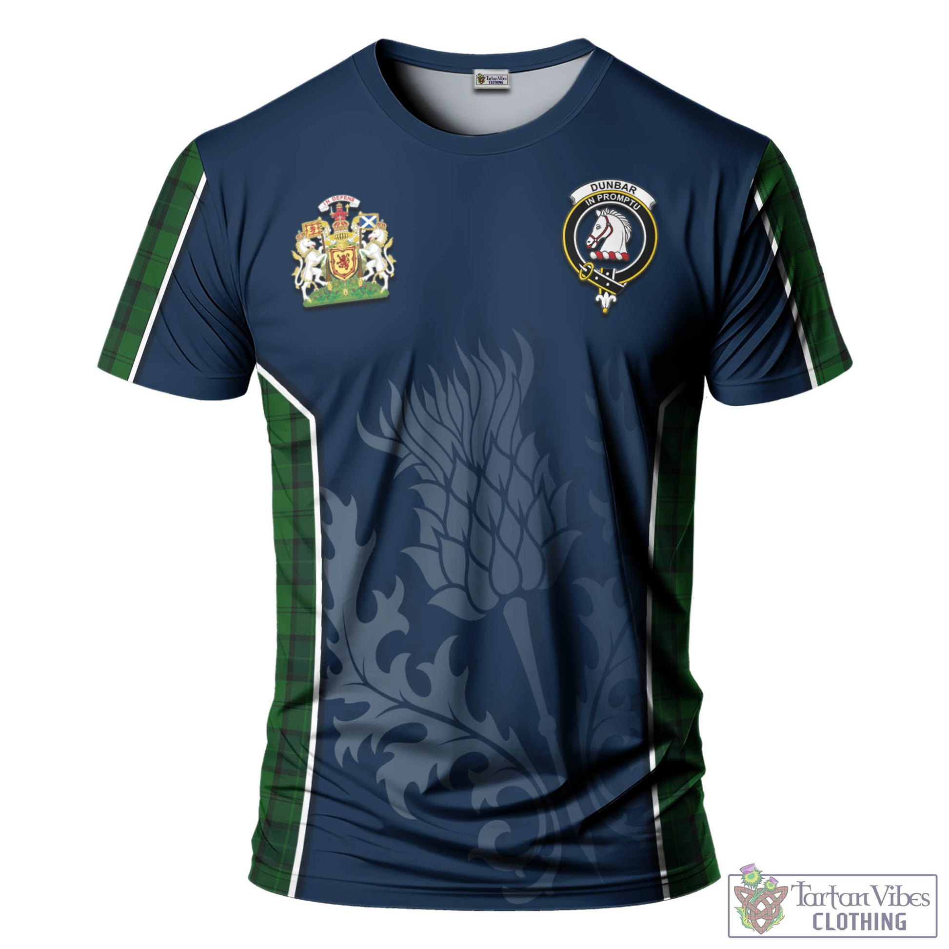 Tartan Vibes Clothing Dunbar Hunting Tartan T-Shirt with Family Crest and Scottish Thistle Vibes Sport Style