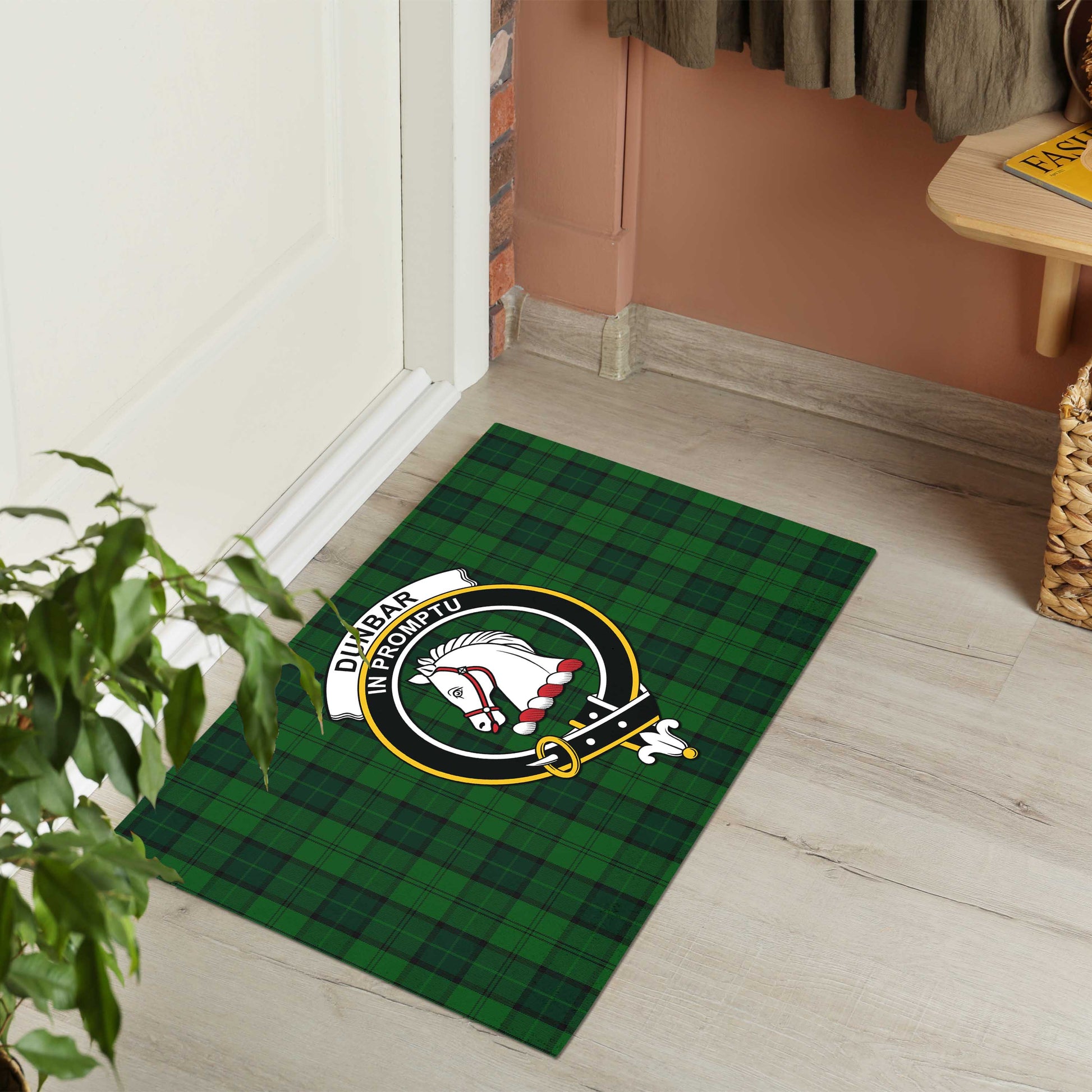 Dunbar Hunting Tartan Door Mat with Family Crest - Tartanvibesclothing