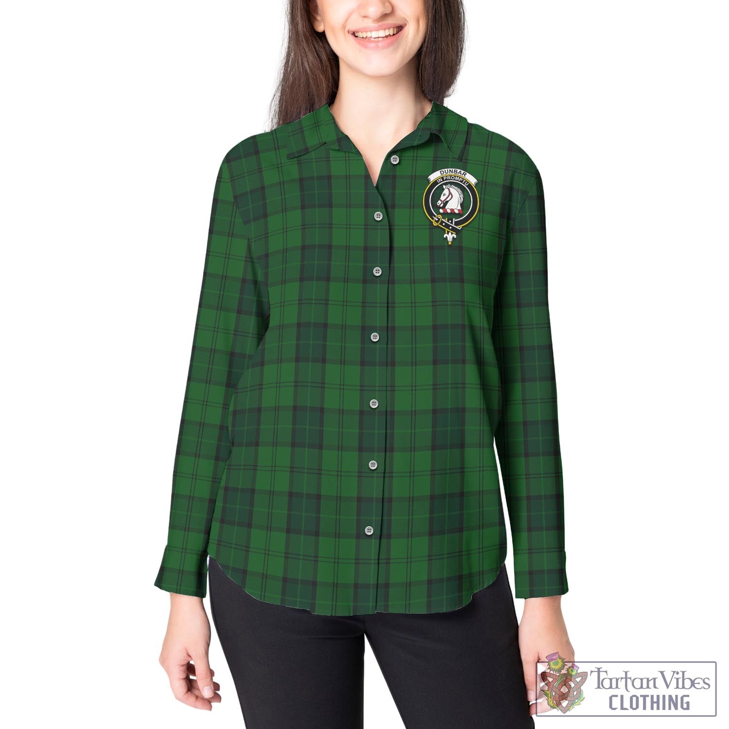 Tartan Vibes Clothing Dunbar Hunting Tartan Womens Casual Shirt with Family Crest