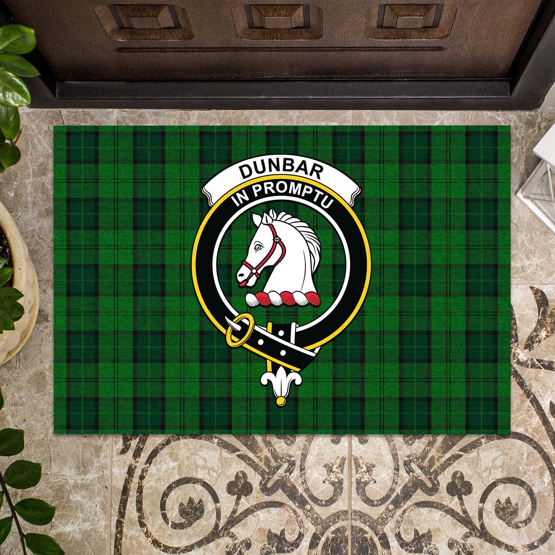 Dunbar Hunting Tartan Door Mat with Family Crest - Tartanvibesclothing