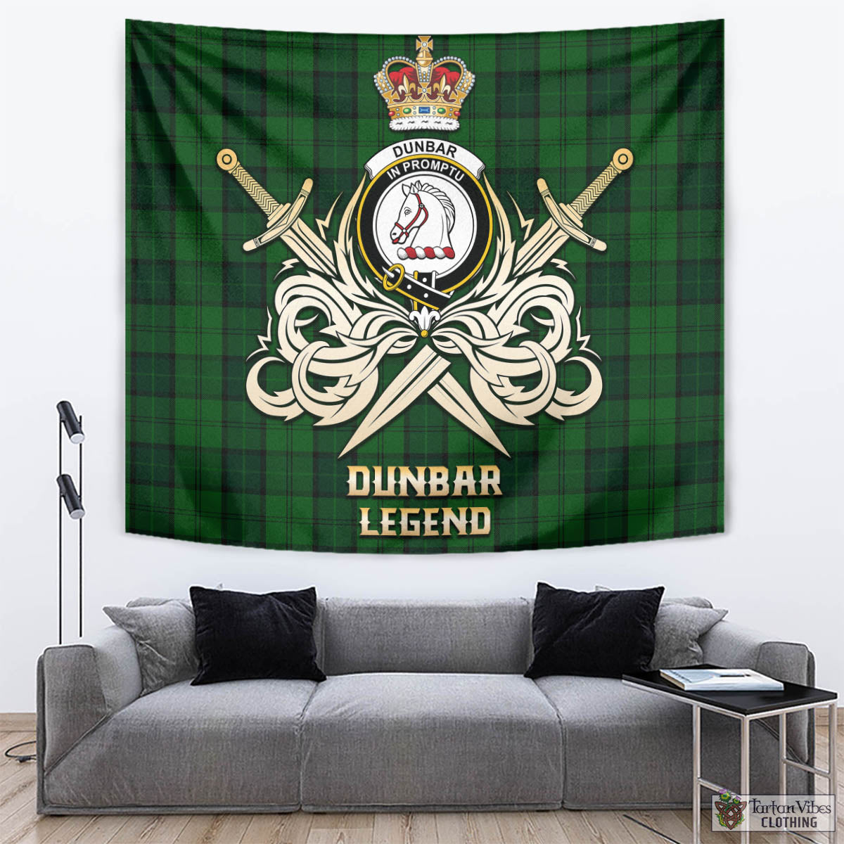 Tartan Vibes Clothing Dunbar Hunting Tartan Tapestry with Clan Crest and the Golden Sword of Courageous Legacy