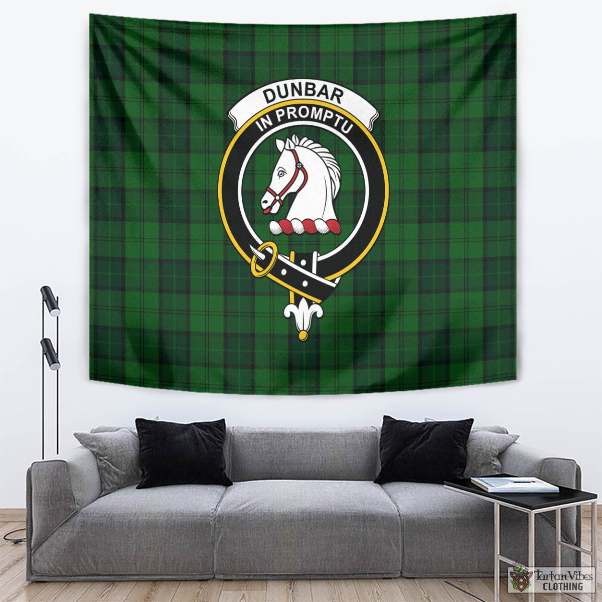 Tartan Vibes Clothing Dunbar Hunting Tartan Tapestry Wall Hanging and Home Decor for Room with Family Crest