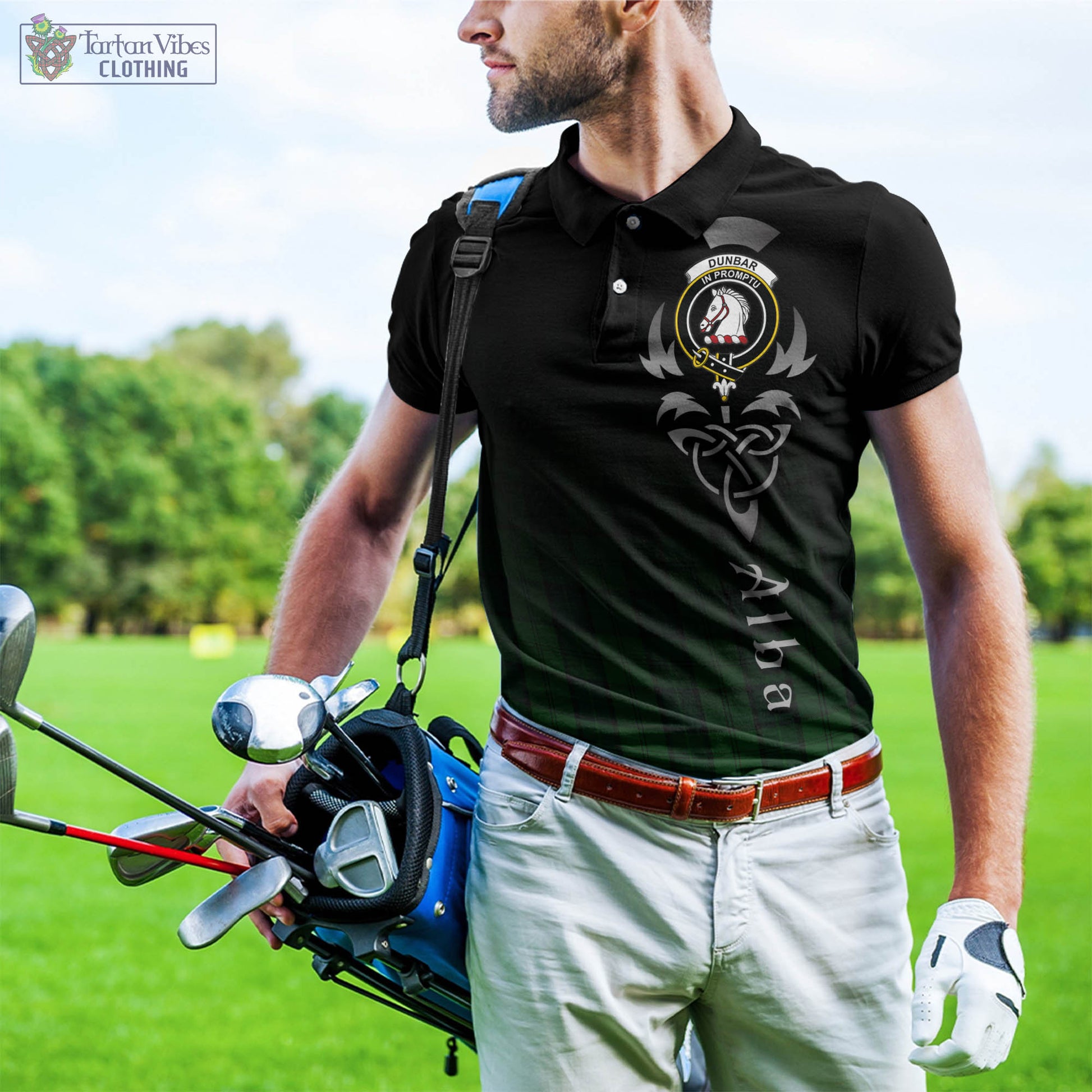 Tartan Vibes Clothing Dunbar Hunting Tartan Polo Shirt Featuring Alba Gu Brath Family Crest Celtic Inspired