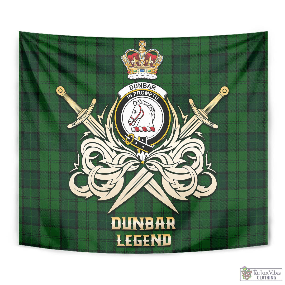 Tartan Vibes Clothing Dunbar Hunting Tartan Tapestry with Clan Crest and the Golden Sword of Courageous Legacy