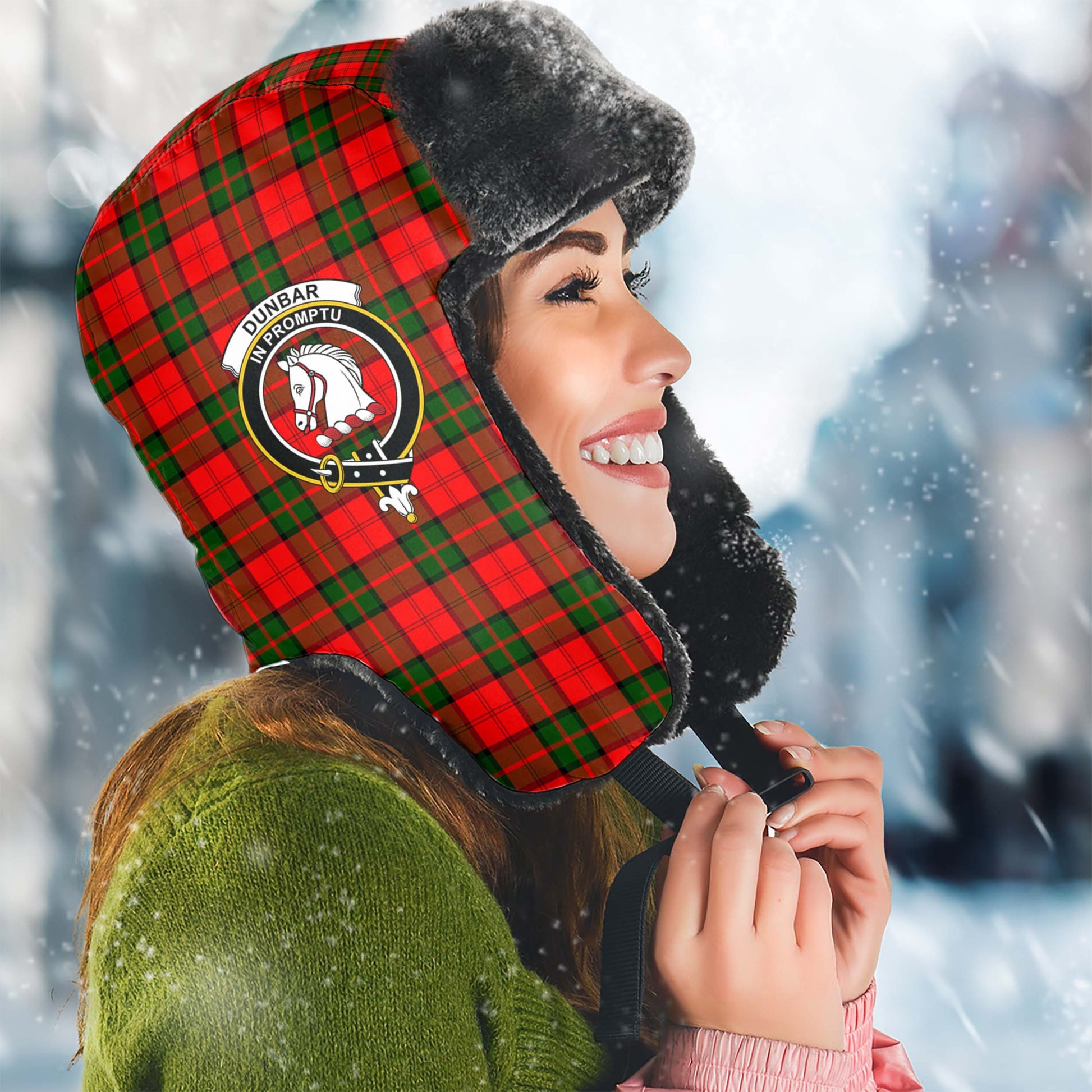 Dunbar Modern Tartan Winter Trapper Hat with Family Crest Winter Trapper Hat Universal Fit Circumference 22.8in (58cm) - Tartanvibesclothing