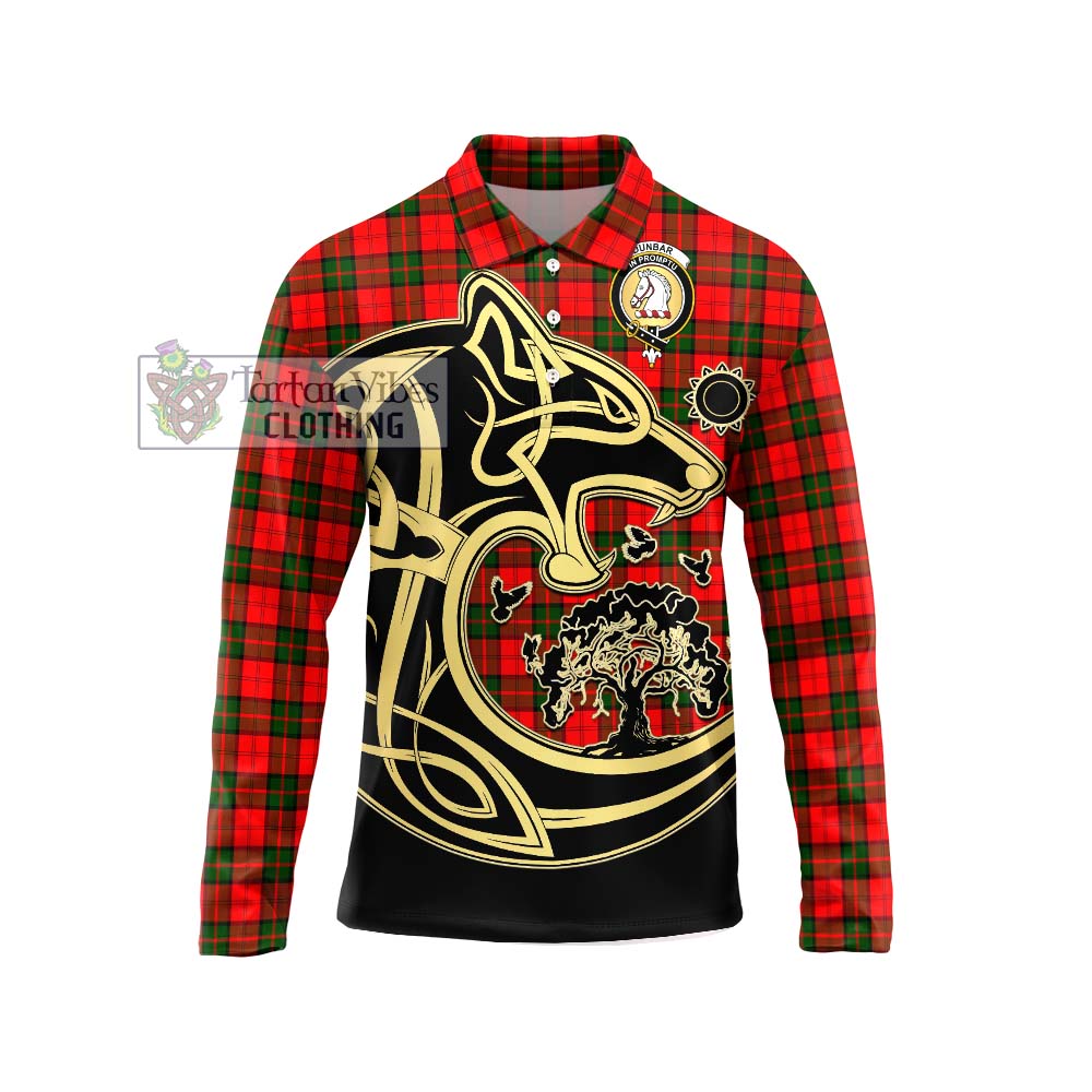 Tartan Vibes Clothing Dunbar Modern Tartan Long Sleeve Polo Shirt with Family Crest Celtic Wolf Style