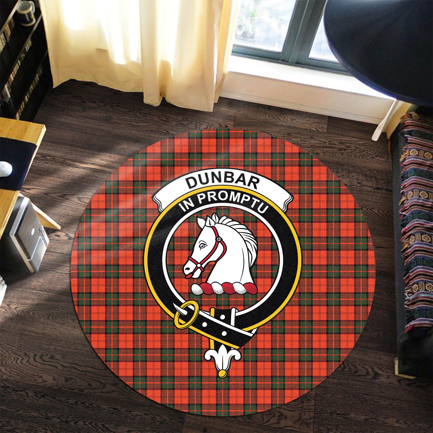 Dunbar Modern Tartan Round Rug with Family Crest - Tartanvibesclothing