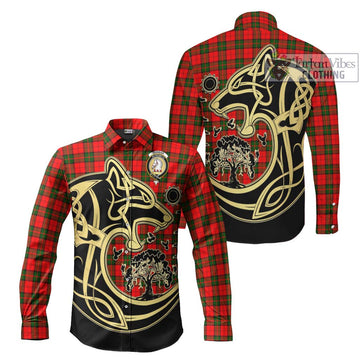 Dunbar Modern Tartan Long Sleeve Button Shirt with Family Crest Celtic Wolf Style