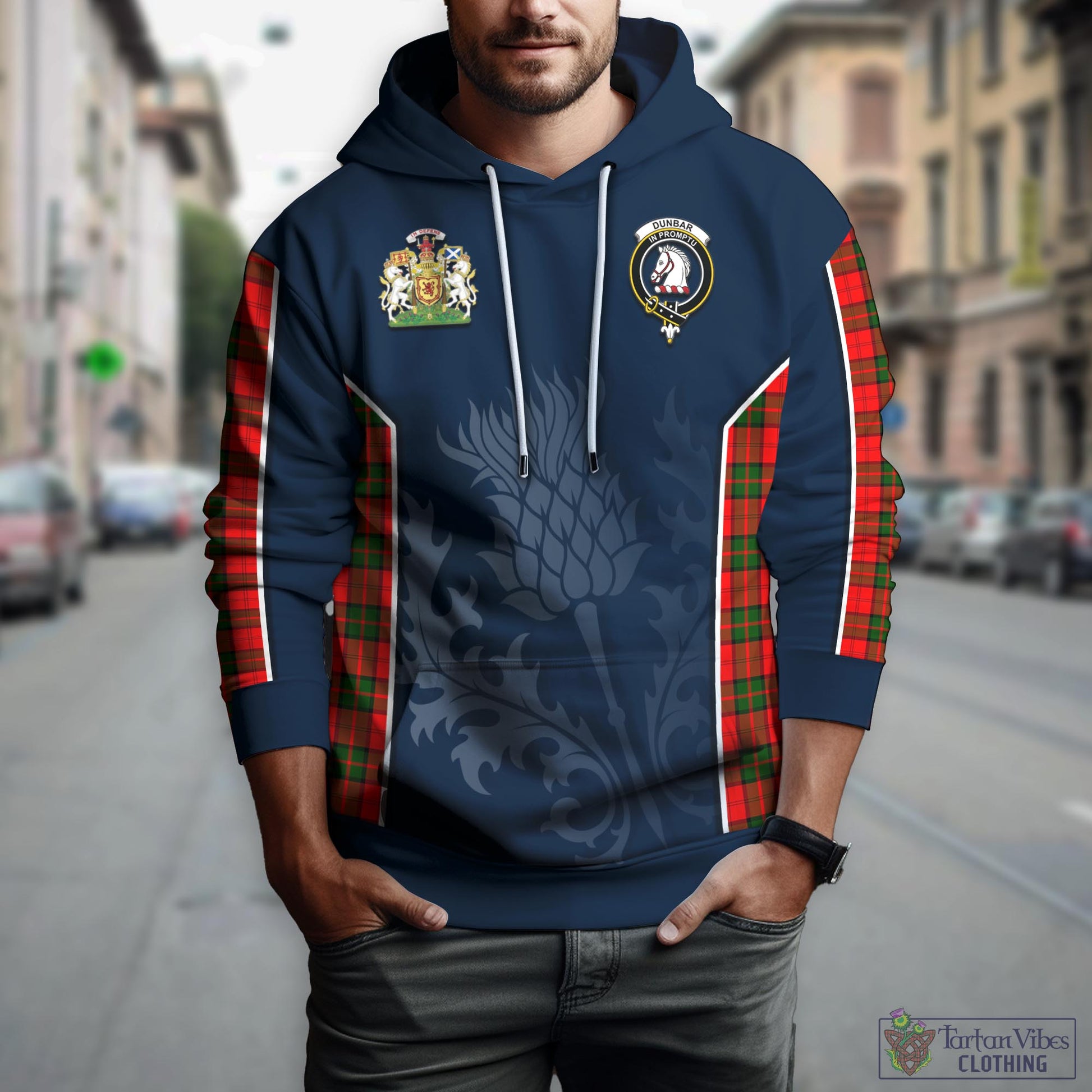 Tartan Vibes Clothing Dunbar Modern Tartan Hoodie with Family Crest and Scottish Thistle Vibes Sport Style