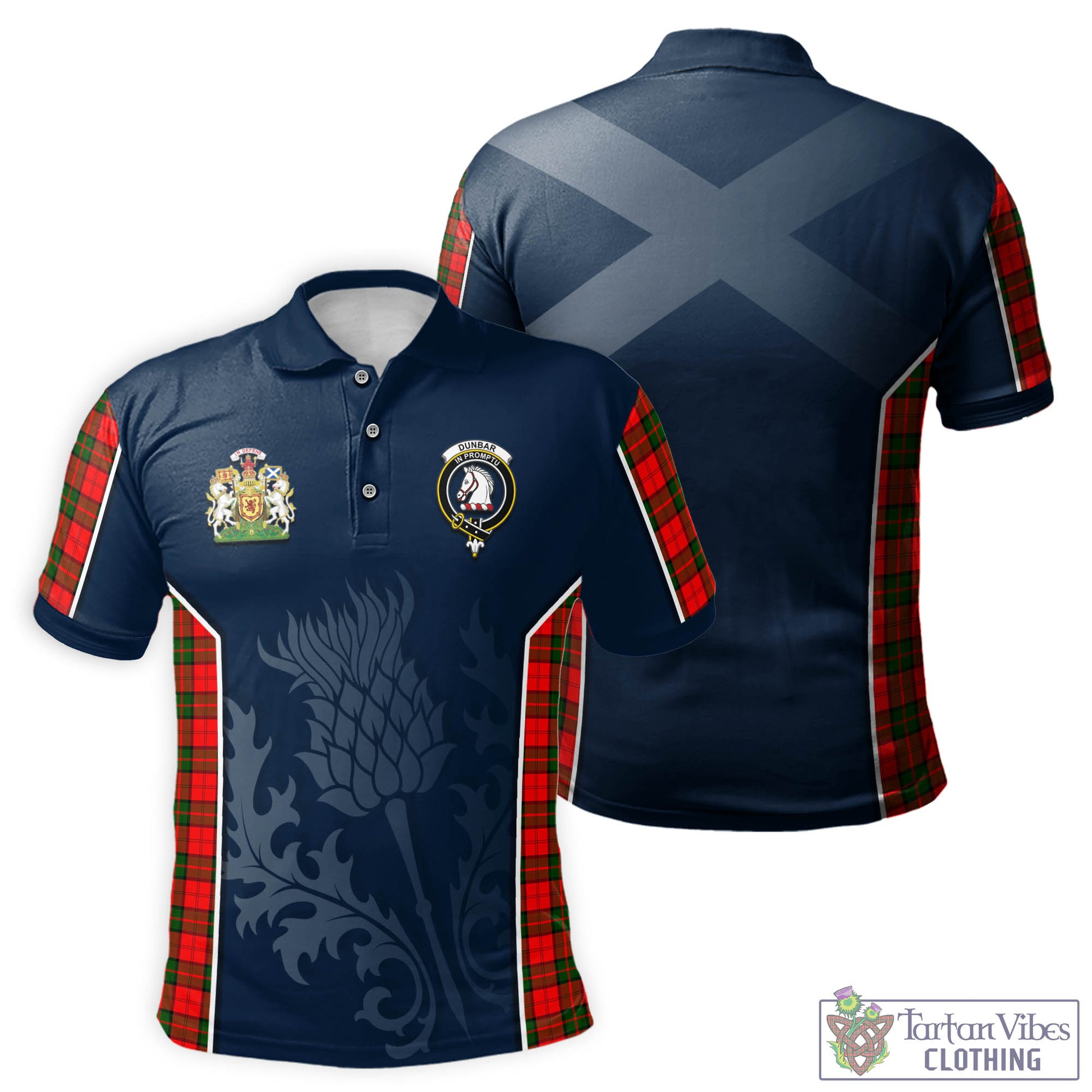 Tartan Vibes Clothing Dunbar Modern Tartan Men's Polo Shirt with Family Crest and Scottish Thistle Vibes Sport Style