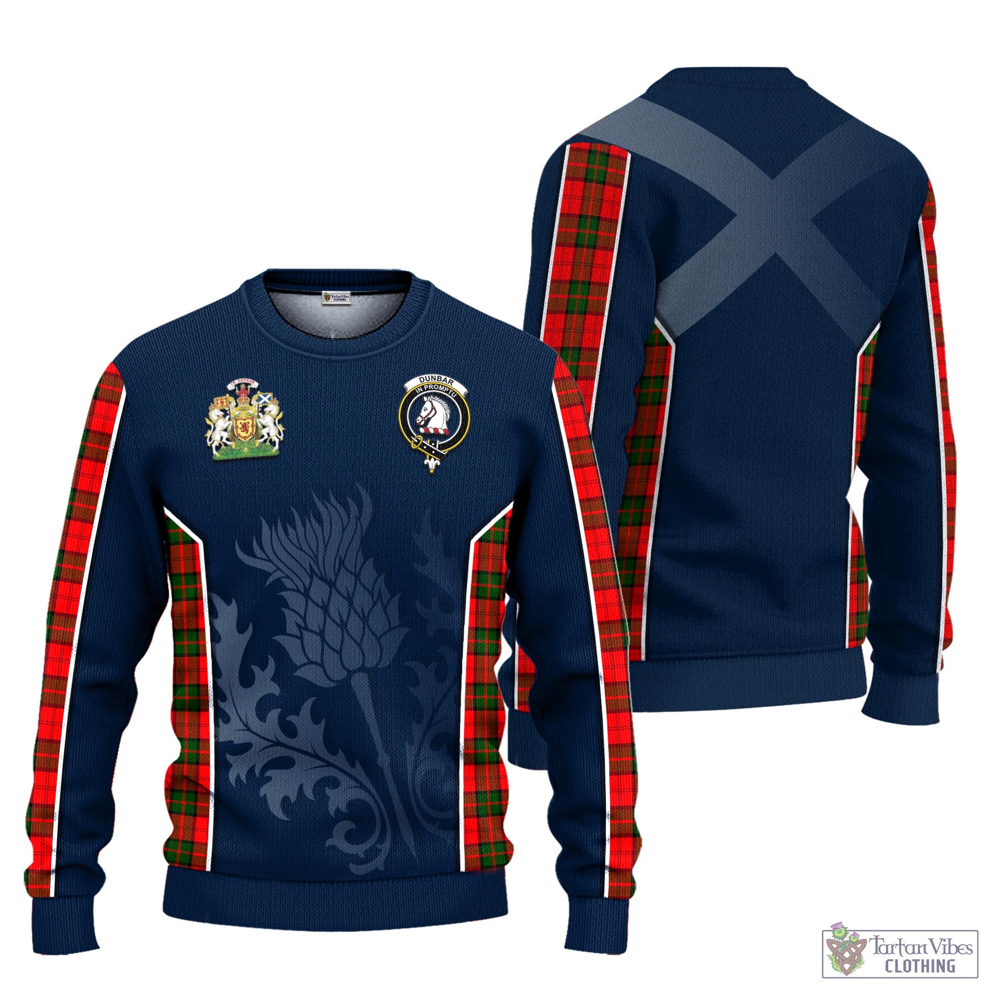 Tartan Vibes Clothing Dunbar Modern Tartan Knitted Sweatshirt with Family Crest and Scottish Thistle Vibes Sport Style