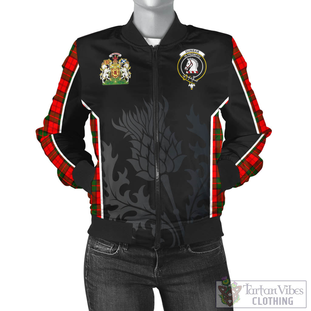 Tartan Vibes Clothing Dunbar Modern Tartan Bomber Jacket with Family Crest and Scottish Thistle Vibes Sport Style