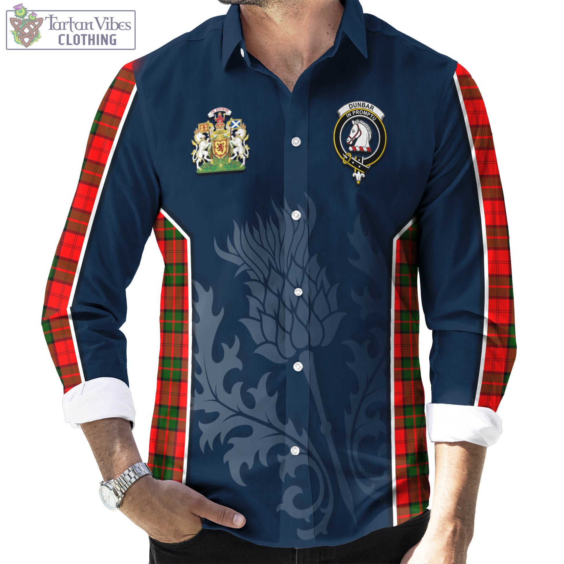 Tartan Vibes Clothing Dunbar Modern Tartan Long Sleeve Button Up Shirt with Family Crest and Scottish Thistle Vibes Sport Style