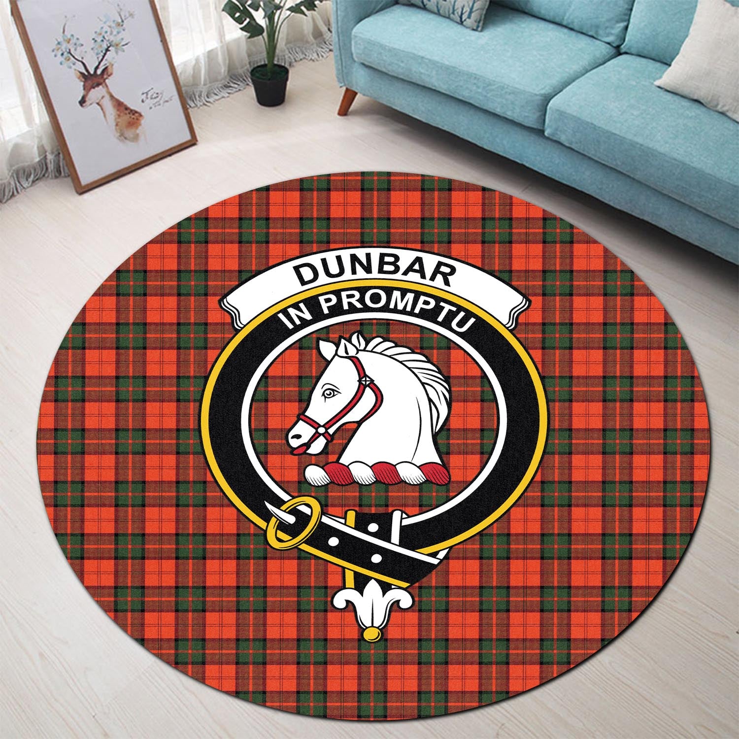 Dunbar Modern Tartan Round Rug with Family Crest - Tartanvibesclothing