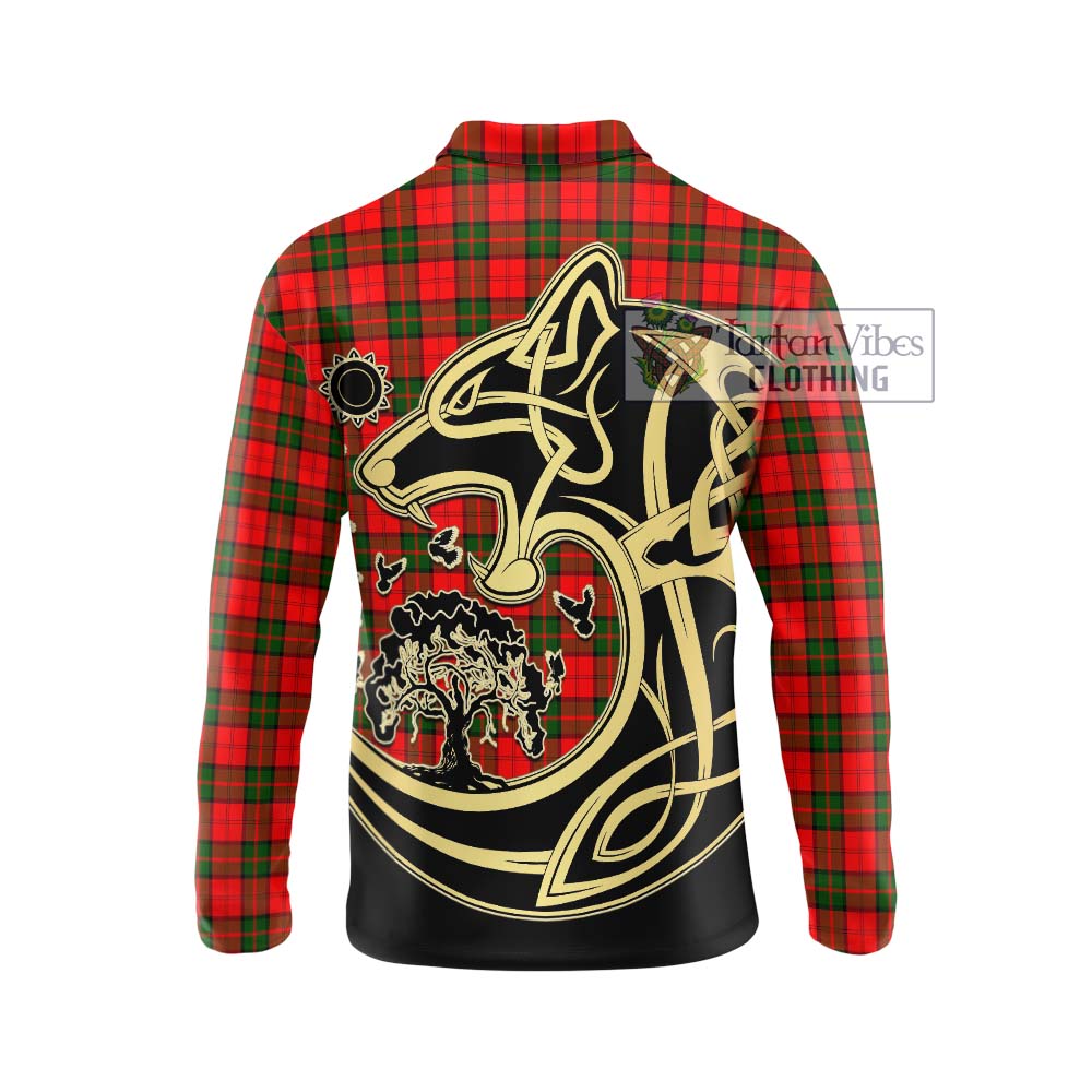 Tartan Vibes Clothing Dunbar Modern Tartan Long Sleeve Polo Shirt with Family Crest Celtic Wolf Style