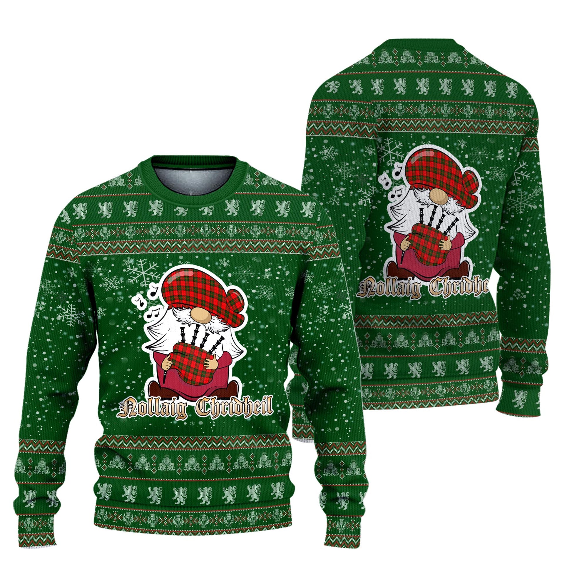Dunbar Modern Clan Christmas Family Knitted Sweater with Funny Gnome Playing Bagpipes Unisex Green - Tartanvibesclothing