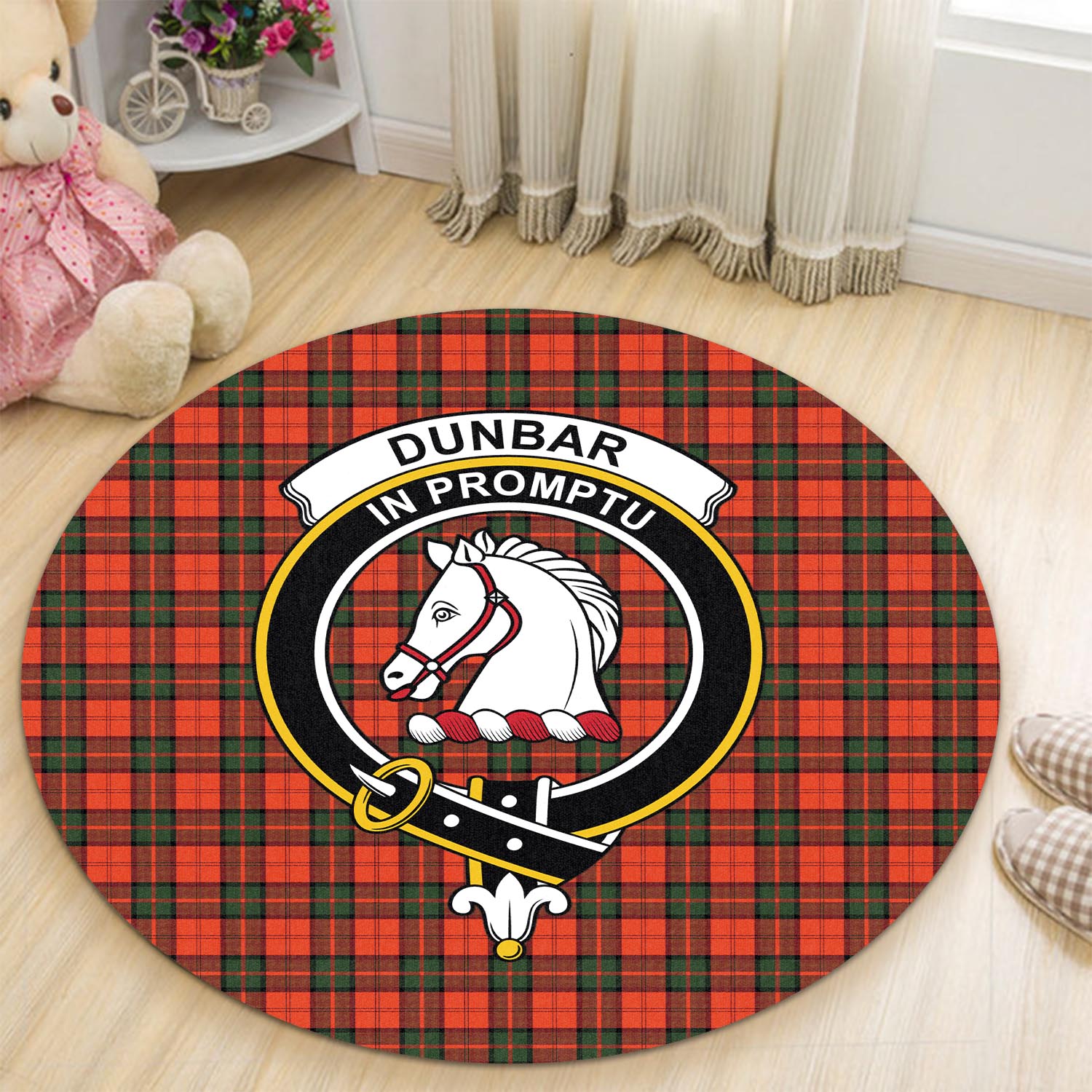 Dunbar Modern Tartan Round Rug with Family Crest - Tartanvibesclothing